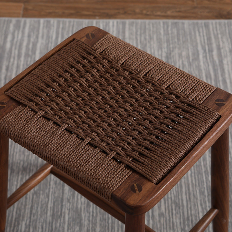 Traditional Japanese Rectangular Rope Woven Wooden Bar Stool For Dining Room