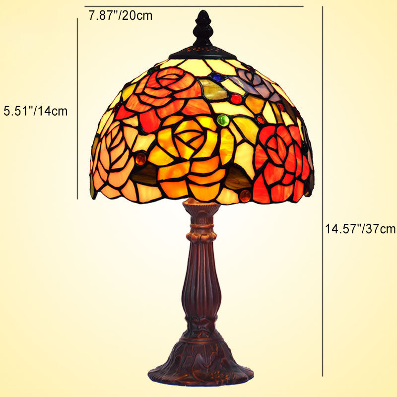 Traditional Tiffany Rose Round Dome Zinc Alloy Stained Glass 1-Light Table Lamp For Bedroom