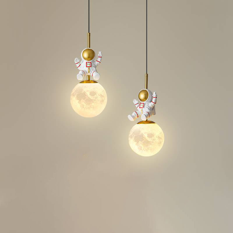 Contemporary Nordic Kids Orb Astronaut Iron Resin 1-Light Pendant Light For Bedroom