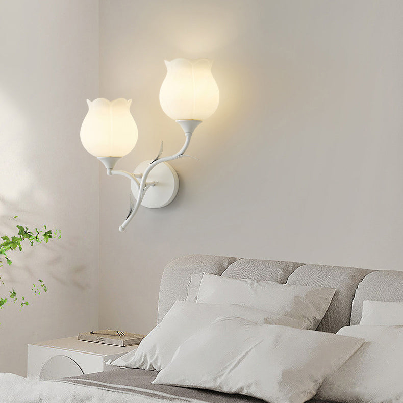 Modern Minimalist Cream Flower Iron Glass 1/2 Light Wall Sconce Lamp For Bedroom