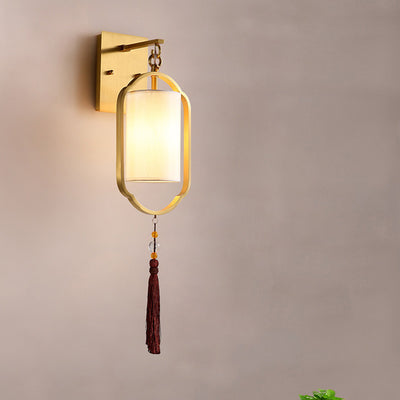 Contemporary Retro Brass Fabric Cylindrical Shade 1-Light Wall Sconce Lamp For Living Room