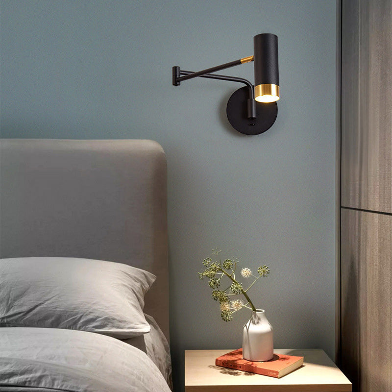 Modern Minimalist Cylinder Telescopic Swing Arm Iron 1-Light Wall Sconce Lamp For Bedroom