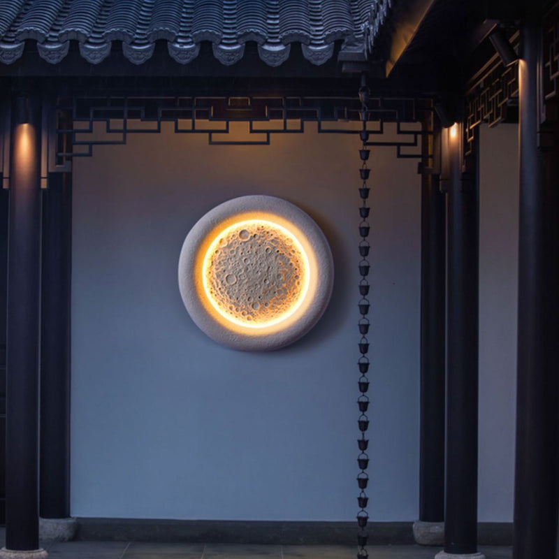 Traditional Chinese Concrete Imitation Moon Texture Shade LED Waterproof Wall Sconce Lamp For Hallway