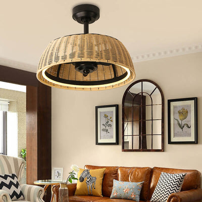 Modern Creative Rattan Weaving Round LED Downrods Ceiling Fan Light