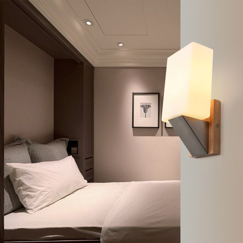 Modern Minimalist Rectangle Wood Glass 1-Light Wall Sconce Lamp For Bedroom