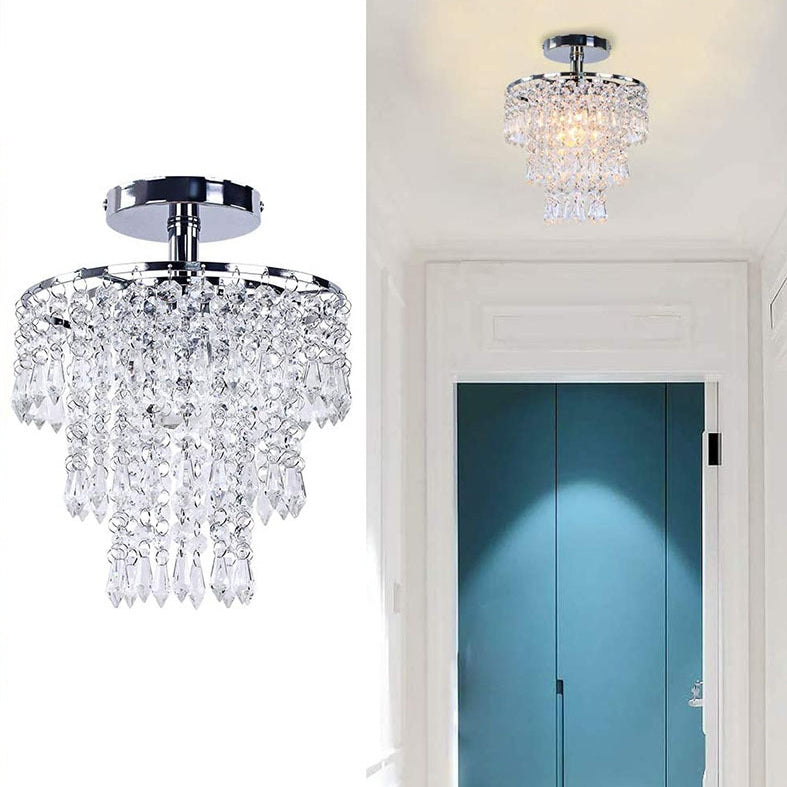 Modern Luxury Round Tassel Hardware Crystal 1-Light Semi-Flush Mount Ceiling Light For Living Room