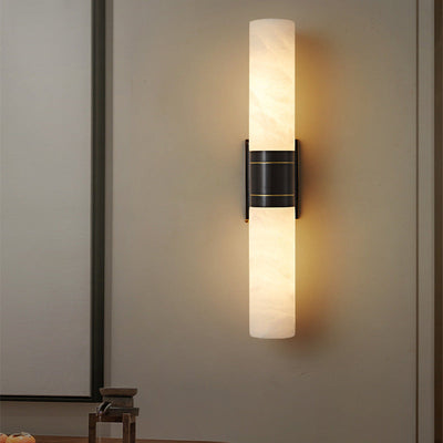 Traditional Chinese Full Copper Marble Cylinder Shade 2-Light Wall Sconce Lamp For Living Room