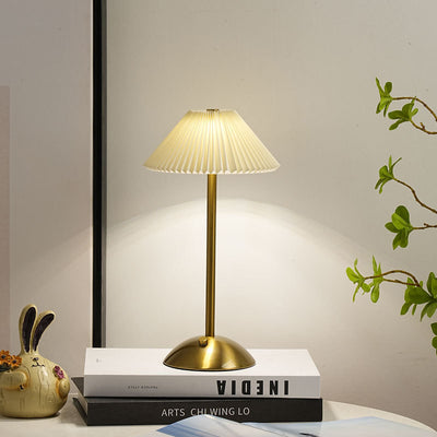 Contemporary Scandinavian Rechargeable Iron Fabric Conic Pleated LED Table Lamp For Bedside