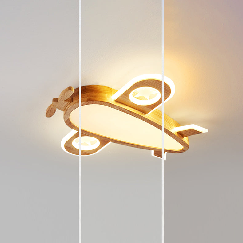 Contemporary Creative Woodgrain Cartoon Animal Bee Aircraft Acrylic LED Kids Flush Mount Ceiling Light For Living Room