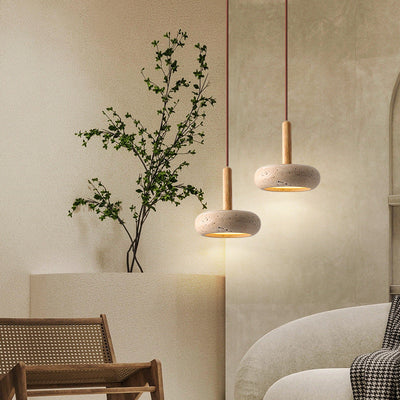 Traditional Japanese Round Wood Yellow Travertine LED Pendant Light For Bedroom