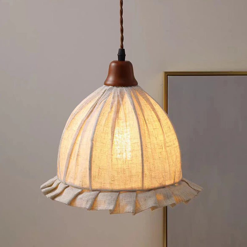 Contemporary Retro Hemispherical Lace Solid Wood Fabric 1-Light Pendant Light For Bedroom