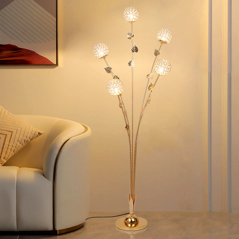 Modern Luxury Leaf Flower Globe Iron Aluminum 5-Light Standing Floor Lamp For Living Room