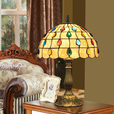 Traditional Tiffany Round Dome Lattice Aluminum Stained Glass 1-Light Table Lamp For Bedroom