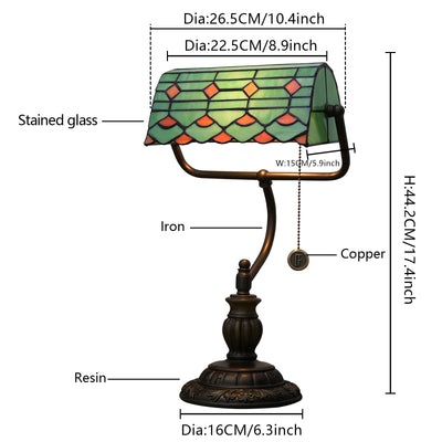 Traditional Tiffany Green Leaf Red Spot Trapezoidal Iron Resin Glass 1-Light Zipper Table Lamp For Bedside