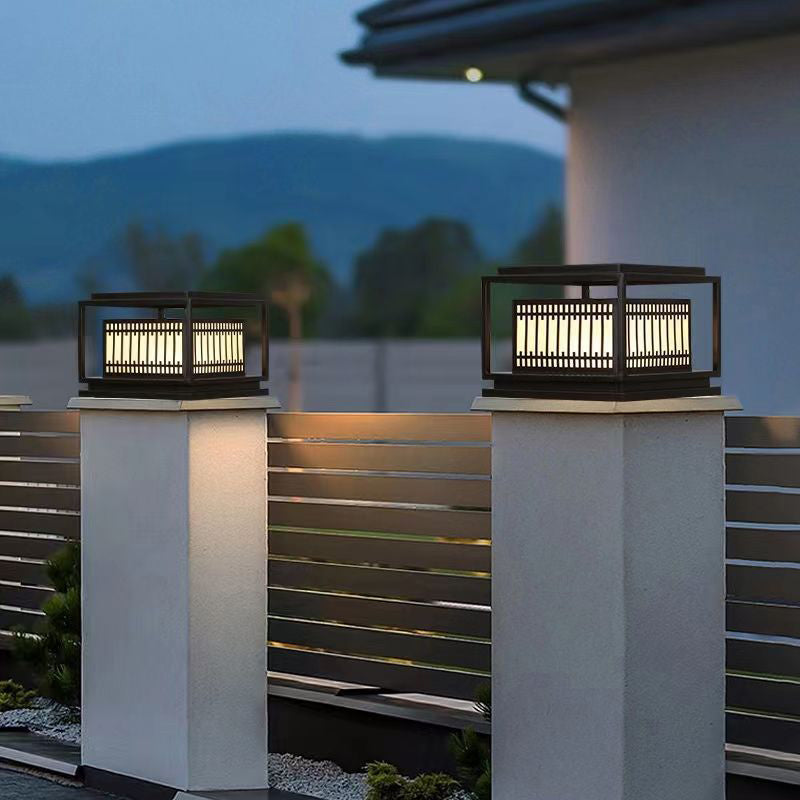 Traditional Chinese Square Stainless Steel Glass 1-Light Post Head Light For Garden