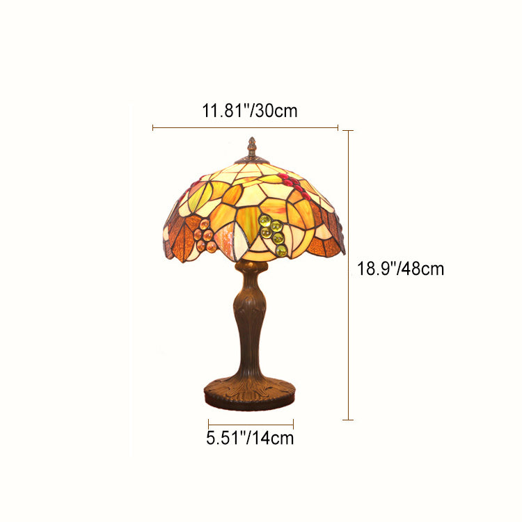 Lampe de table traditionnelle à 1 lumière en alliage de zinc avec parapluie Tiffany et raisin pour chambre à coucher 