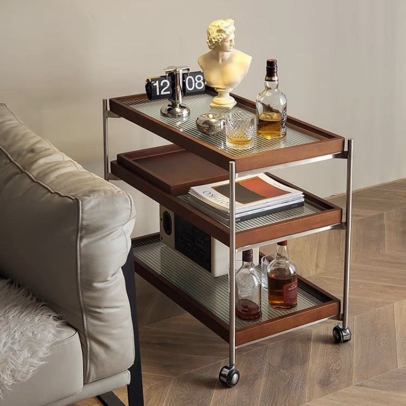 Modern Minimalist Square Stainless Steel Glass Wood End Table Wheels Triple For Living Room