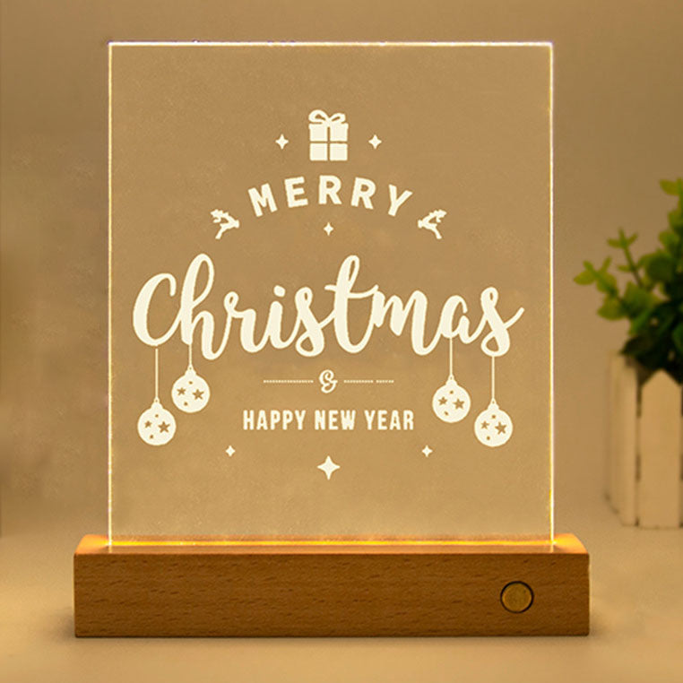 Modern Christmas Rectangular Acrylic Plate Solid Wood USB LED Table Lamp