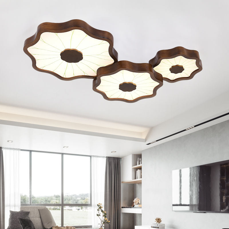 Traditional Chinese Lotus Leaf Wooden Iron Acrylic LED Flush Mount Ceiling Light For Living Room