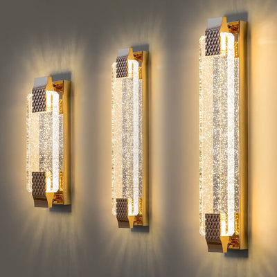 Contemporary Luxury Dazzling Rectangular Bubble Textured Crystal Shade Stainless Steel LED Wall Sconce Lamp For Living Room