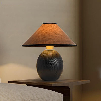 Traditional Japanese Round Trapezoidal Solid Wood Fabric 1-Light Table Lamp For Bedroom