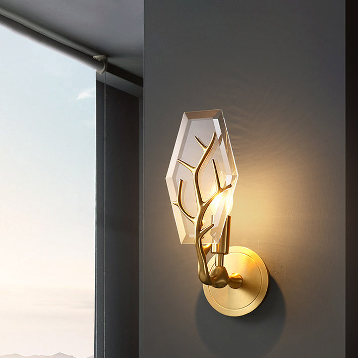 Contemporary Luxury Copper Crystal Polygon Branch 1-Light Wall Sconce Lamp For Living Room