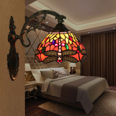 Traditional Tiffany Half Ball Floral Dragonfly Iron Glass 1-Light Wall Sconce Lamp For Bedroom