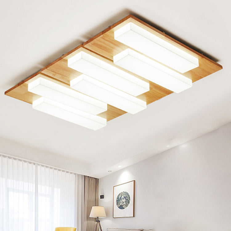 Traditional Japanese Acrylic Rectangular Block Combination Wood LED Flush Mount Ceiling Light For Bedroom