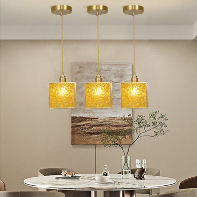 Modern Luxury Square Cube Gold Copper Frame Glass Shade 1-Light Pendant Light For Living Room