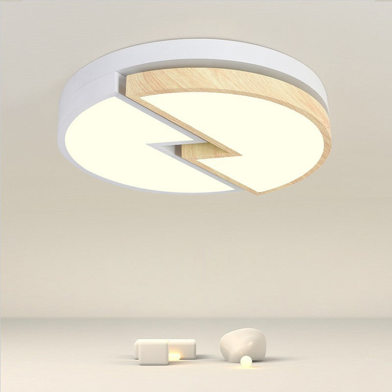 Contemporary Nordic Round Wood Grain Lightning Iron Acrylic LED Flush Mount Ceiling Light For Bedroom