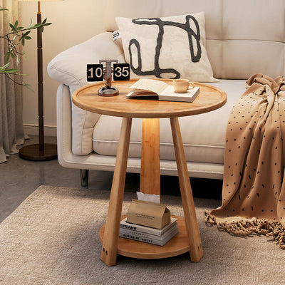 Contemporary Nordic Round Wood Coffee Table 2-Tier For Living Room