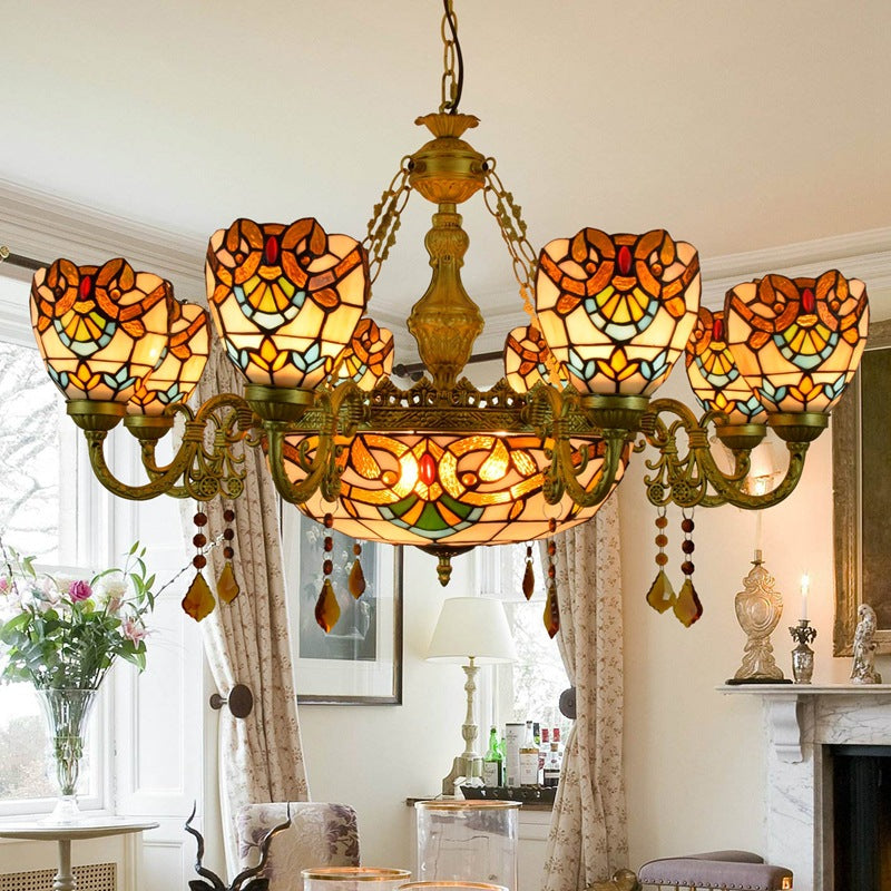 Traditional Tiffany Bead Dome Baroque Iron Glass Alloy 8/11 Light Chandeliers For Living Room