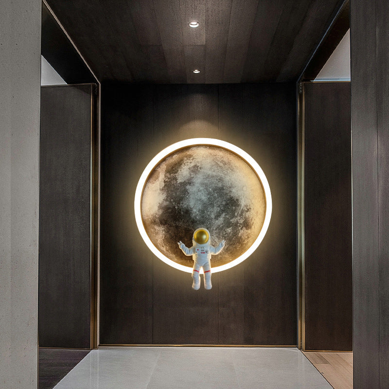 Contemporary Creative Round Lunar Astronaut Hardware Resin LED Wall Sconce Lamp For Bedroom