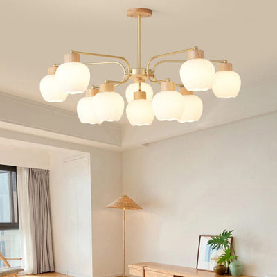 Modern Minimalist Curved Pole White Bellflower Hardware Wood Glass 6/10 Light Chandelier For Living Room