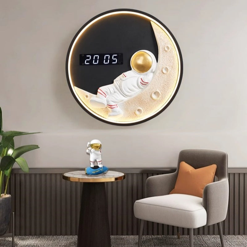 Modern Minimalist Round Moon Astronaut Clock Hardware Aluminium Resin LED Wall Sconce Lamp For Living Room