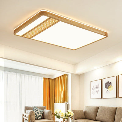 Modern Minimalist Square Solid Wood Acrylic LED Flush Mount Ceiling Light For Living Room