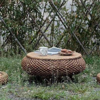 Traditional Japanese Oval Rattan Woven Wooden Coffee Table Storage For Living Room