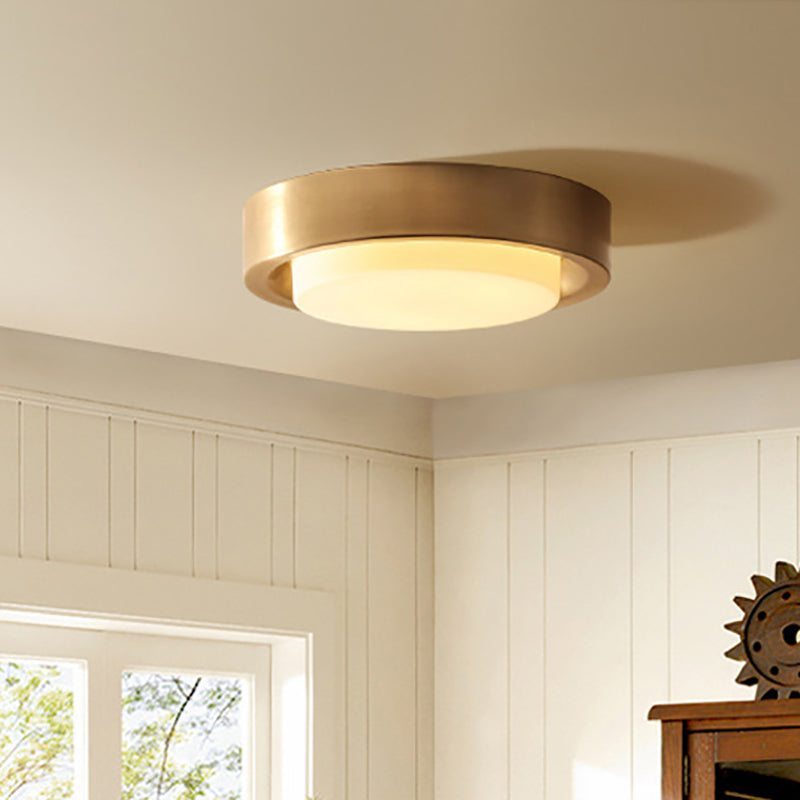 Modern Minimalist Full Copper Round Glass Shade LED Flush Mount Ceiling Light For Living Room