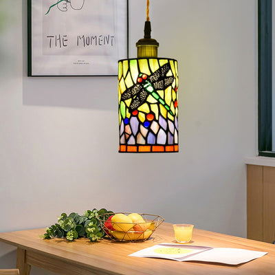 Traditional Tiffany Stained Glass Dragonfly Cylinder 1-Light Pendant Light For Living Room