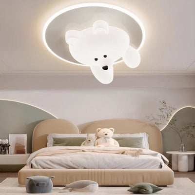 Modern Art Deco Round Cloud Bear Acrylic Iron LED Flush Mount Ceiling Light For Bedroom