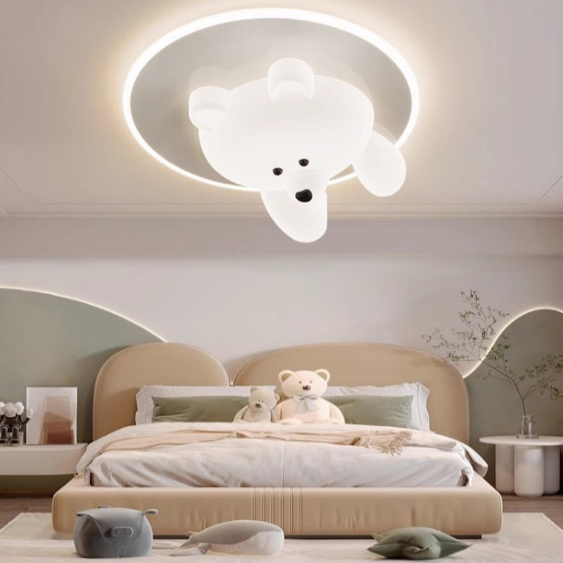 Modern Art Deco Round Cloud Bear Acrylic Iron LED Flush Mount Ceiling Light For Bedroom