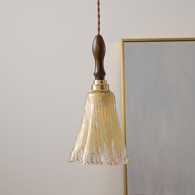 Lampe suspendue moderne et minimaliste à 1 lumière en bois de noyer et verre en forme de fleur 