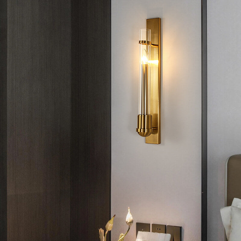 Modern Luxury Golden Finish Frame Glass Cylinder LED Wall Sconce Lamp For Living Room