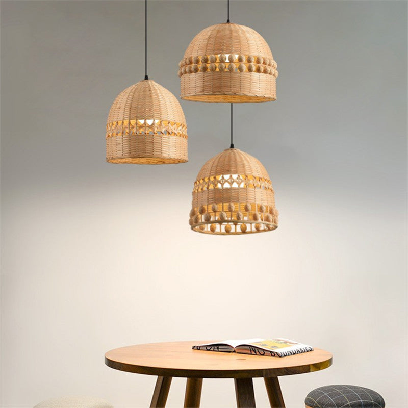 Traditional Chinese Round Dome Bamboo Weaving Hollow 1-Light Pendant Light For Living Room