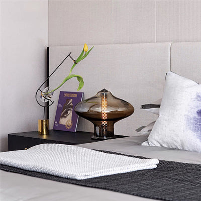 Modern Minimalist Geometric Smokey Gray Glass Hardware LED Table Lamp For Home Office