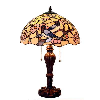 Traditional Tiffany Half Ball Magpie Plum Flower Iron Glass 2-Light Table Lamp For Bedroom