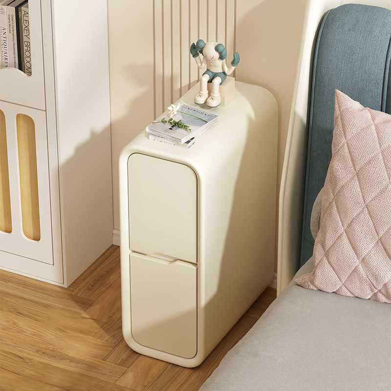 Modern Minimalist Rounded Corner Rectangular Leather Wood Metal Nightstand 2-Drawer For Bedroom