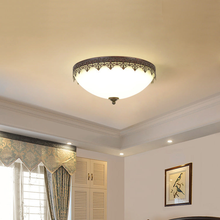 Traditional Vintage Dome Round Iron Glass LED Flush Mount Ceiling Light For Living Room