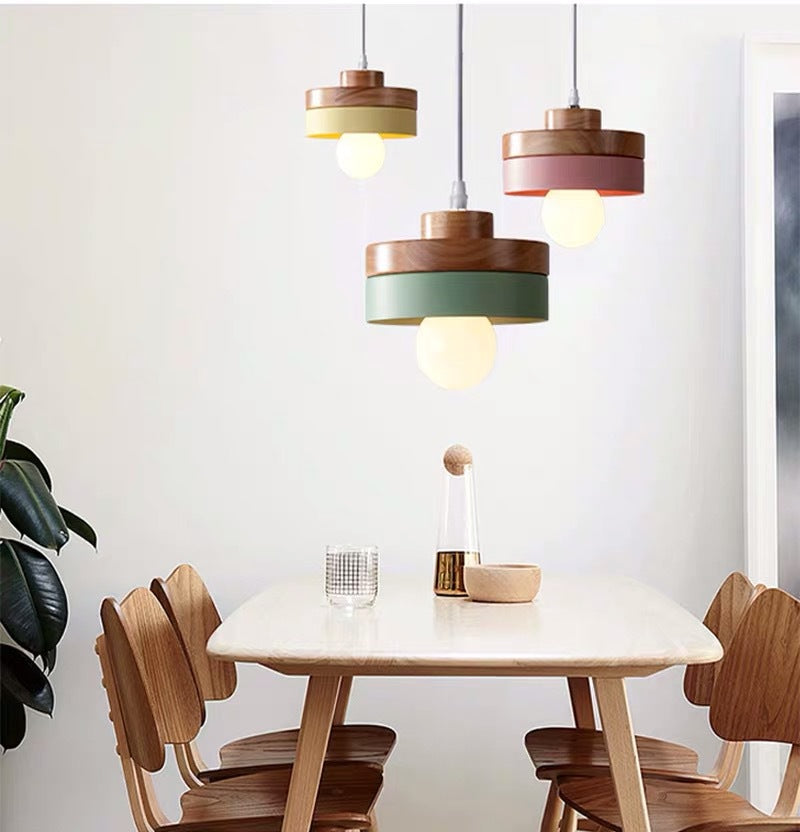 Modern Minimalist Macaron Square Iron Wood 1-Light Pendant Light For Living Room