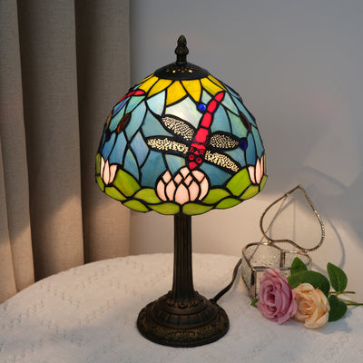 Traditional Tiffany Glass Resin Dome Dragonfly Lotus 1-Light Table Lamp For Study